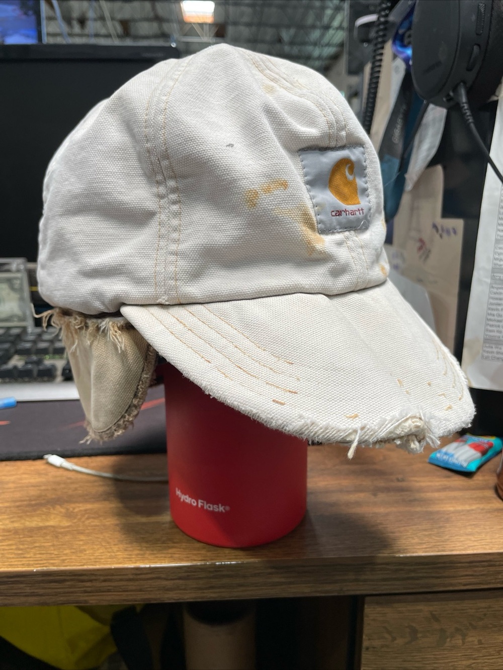 Vintage Carhartt Trapper Hat Insulated Ear Flap Brown Duck Canvas-DISTRESSED